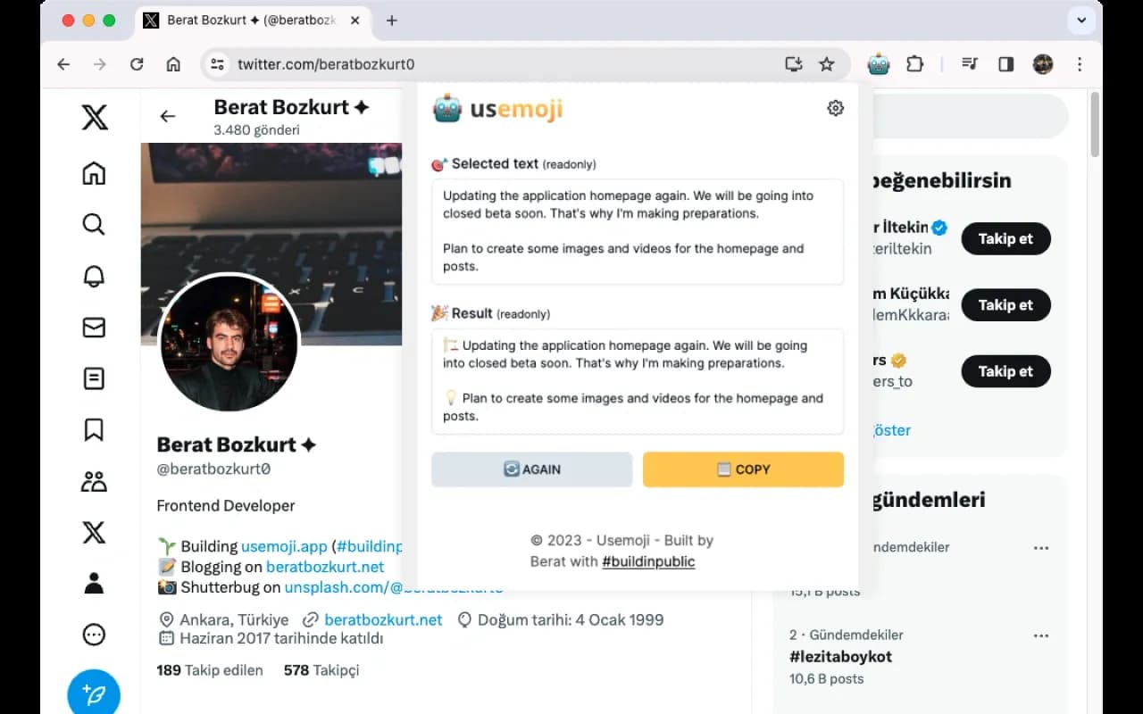 Usemoji homepage screenshot — Usemoji - Boost Your Text to Emoji w/AI
