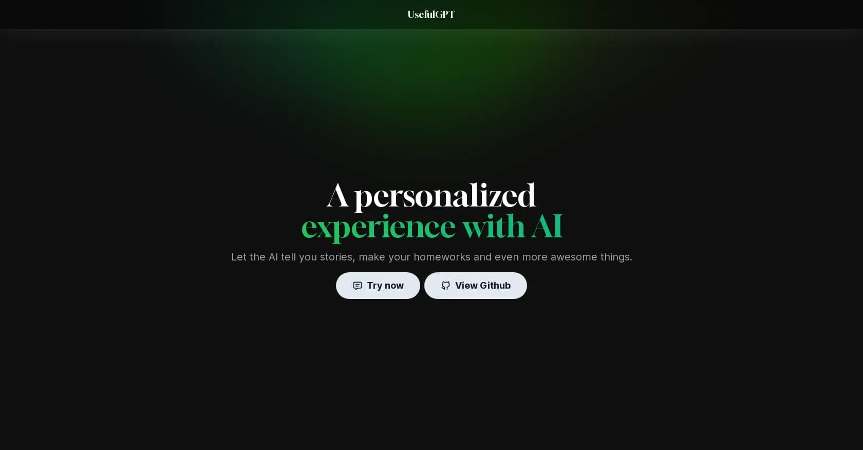 UsefulGPT homepage screenshot — AI chatbot for stories, homework, and more