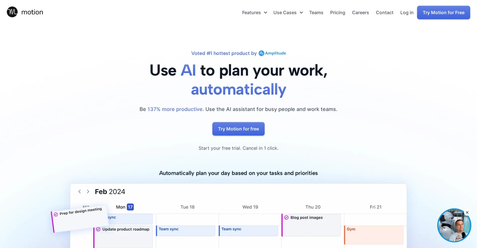 Motion homepage screenshot — AI-powered productivity boost for busy people and teams.