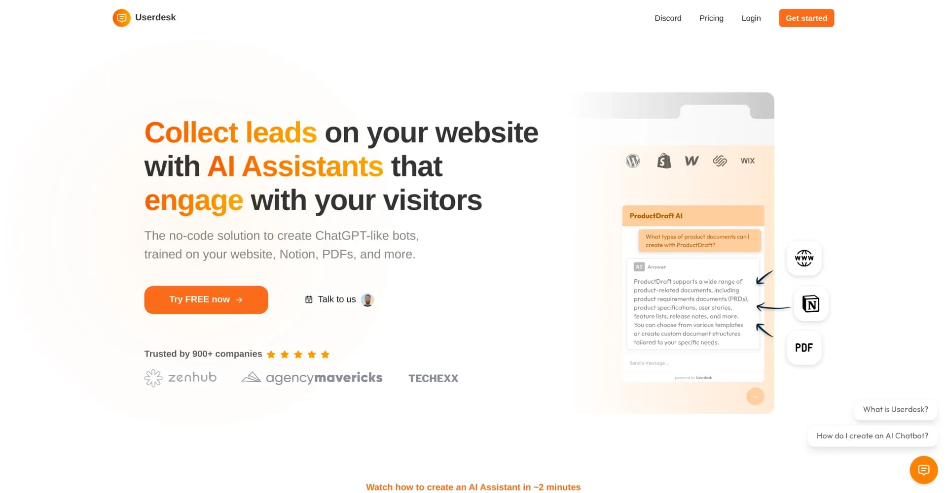 Userdesk homepage screenshot — Build AI ChatBots trained on your Notion data