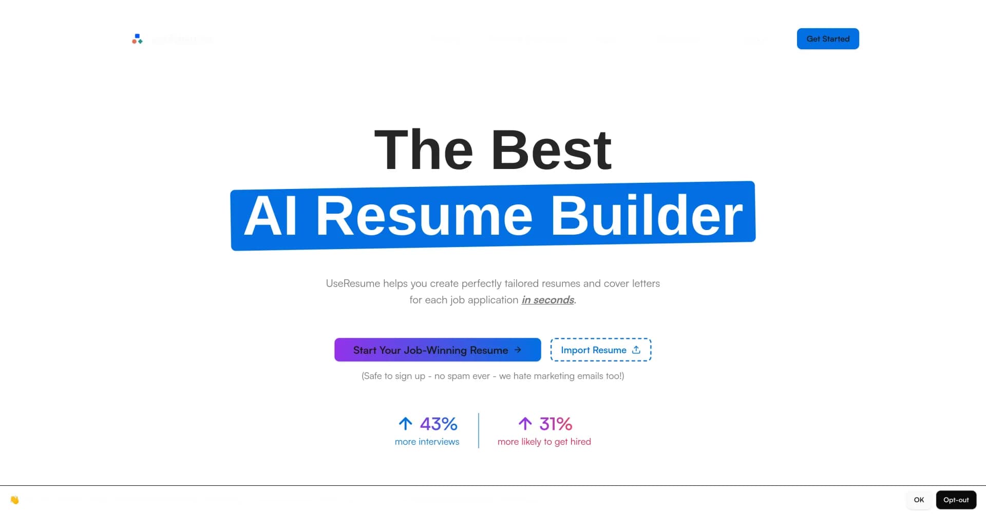 UseResume homepage screenshot — Create tailored resumes and cover letters in seconds.