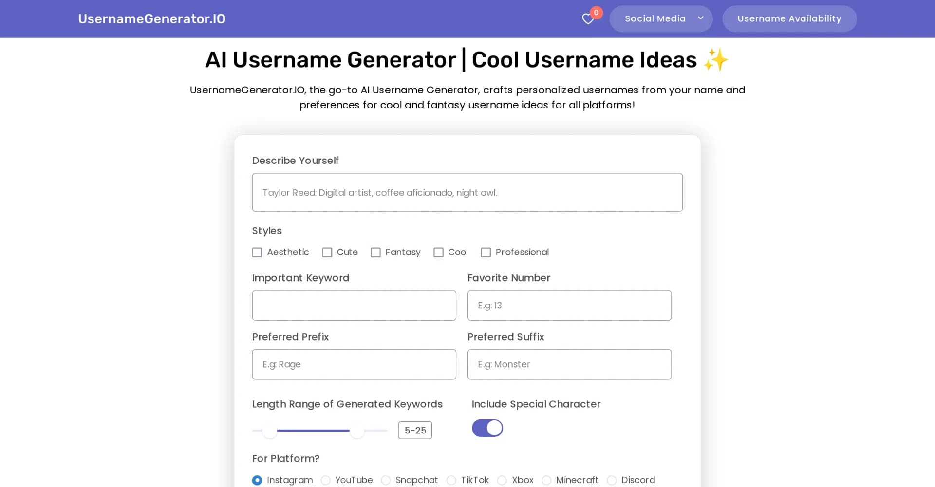 UsernameGenerator homepage screenshot — Craft personalized usernames with AI.
