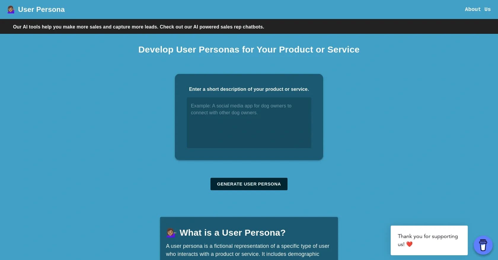 Userpersona homepage screenshot — Generate ideal customer profiles from product descriptions.