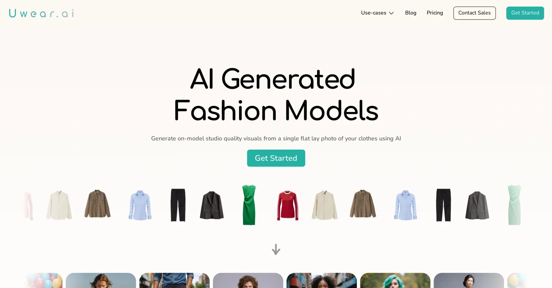 Uwear homepage screenshot — Create AI fashion models from a single flat lay photo.