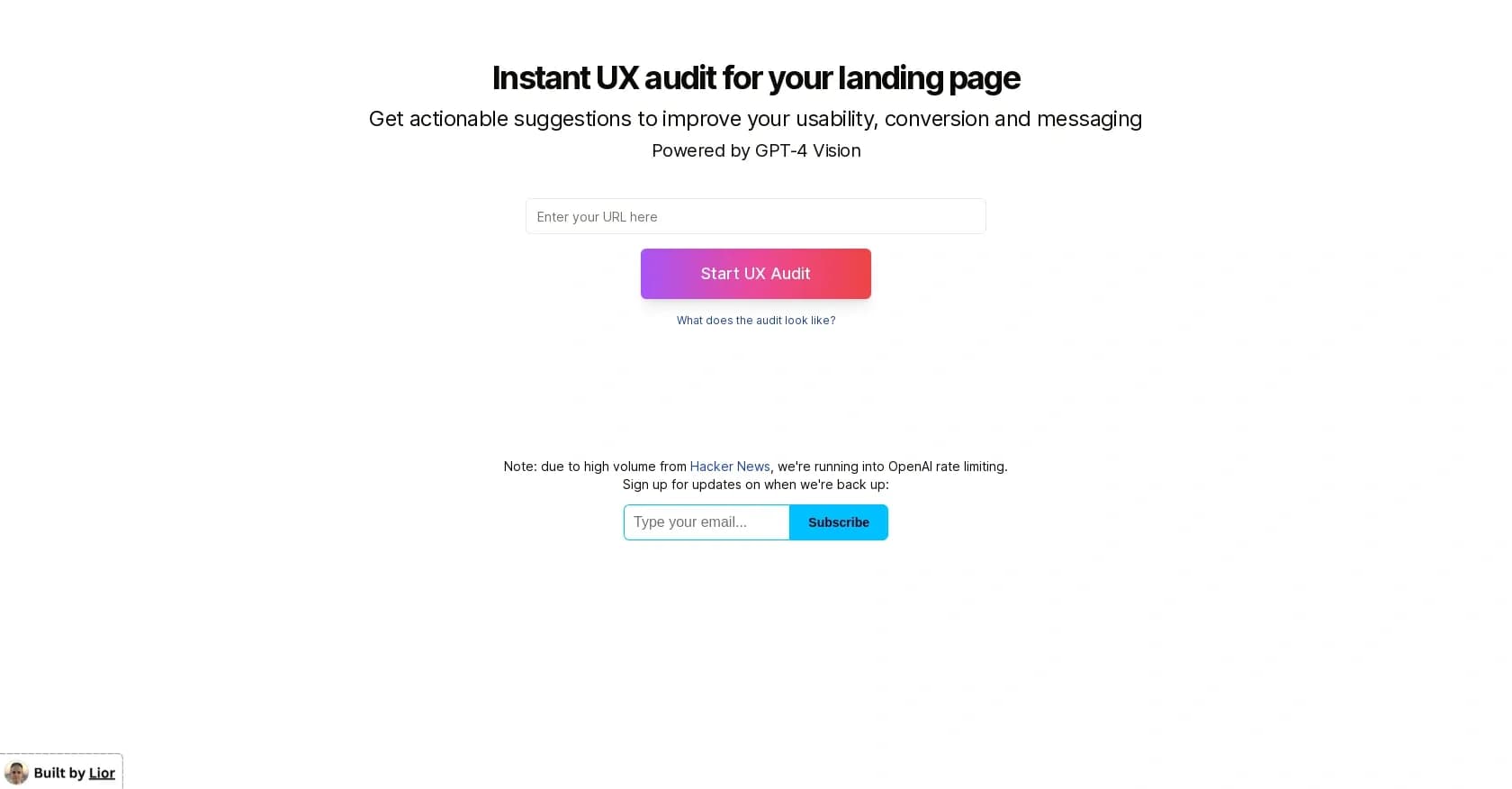 UXAudit homepage screenshot — AI-powered UX audit for landing pages.