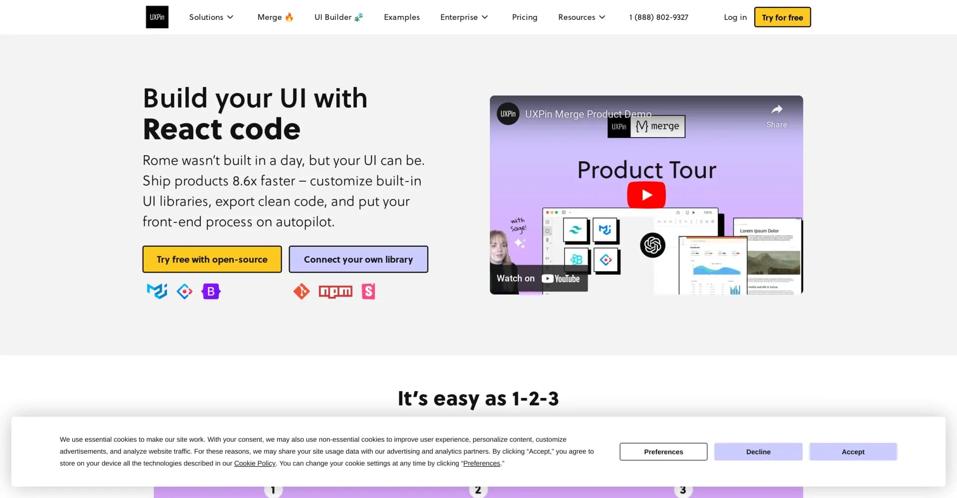 UXPin homepage screenshot — Design UI 8.6x faster with coded components