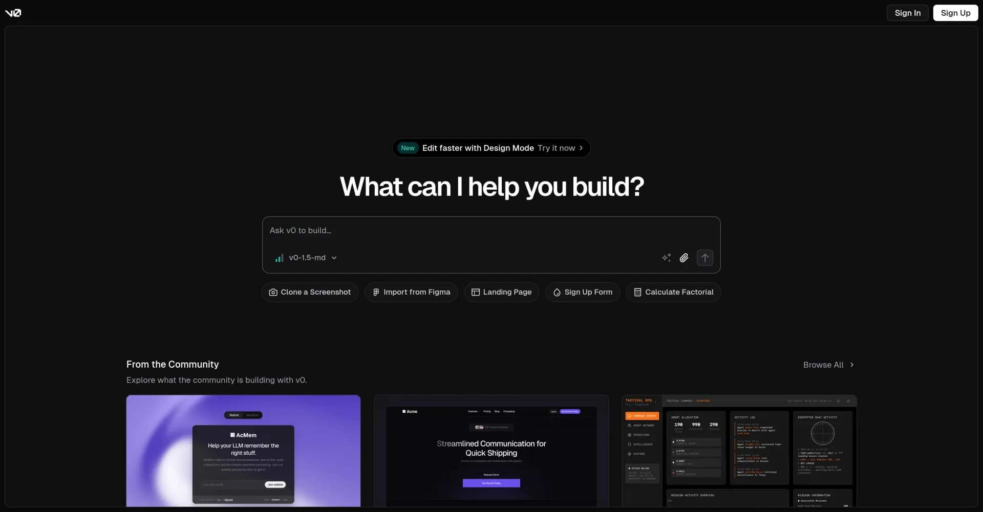 v0 by Vercel homepage screenshot — Build full-stack apps with AI assistance.