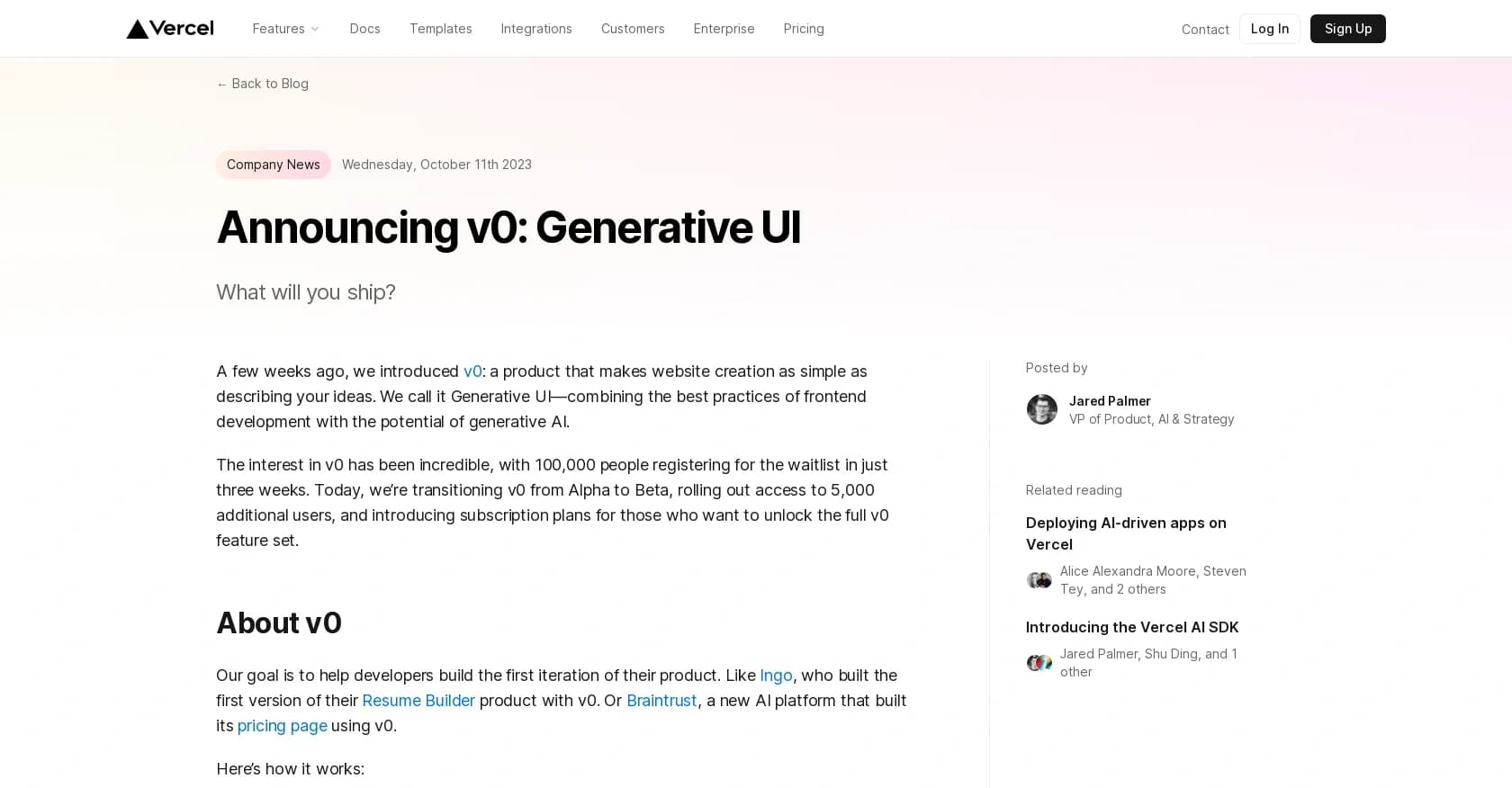 V0 Generative UI homepage screenshot — Website creation through idea description