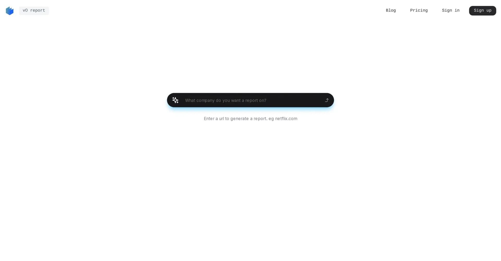 v0 report homepage screenshot — Generate custom company reports instantly.