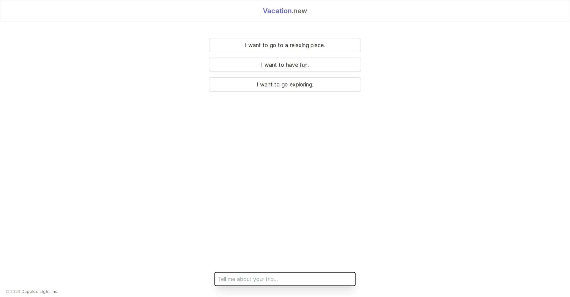 Vacation.new homepage screenshot — Plan your perfect vacation in seconds.