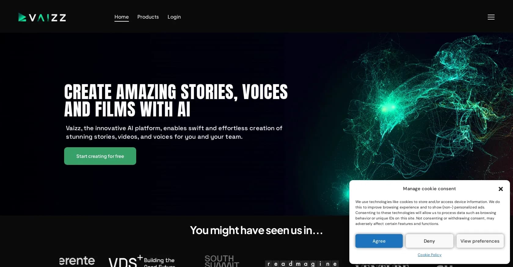Vaizz homepage screenshot — AI-powered platform for rapid content creation.