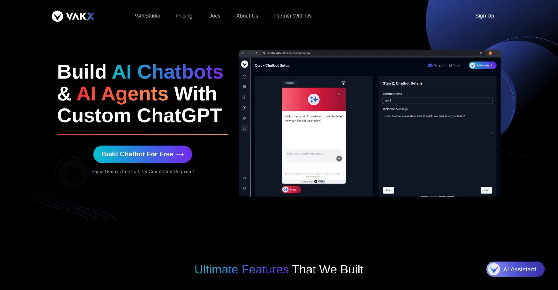 VAKX homepage screenshot — Build AI chatbots with custom ChatGPT for smarter business i