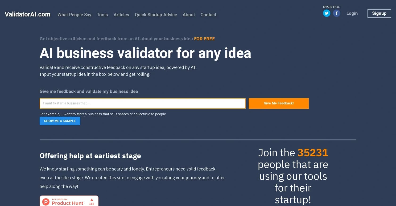 Validator AI homepage screenshot — AI-powered validation for startup ideas