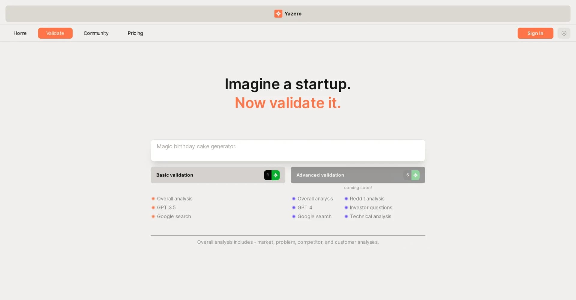 Validator by Yazero homepage screenshot — Validate your startup idea in minutes.