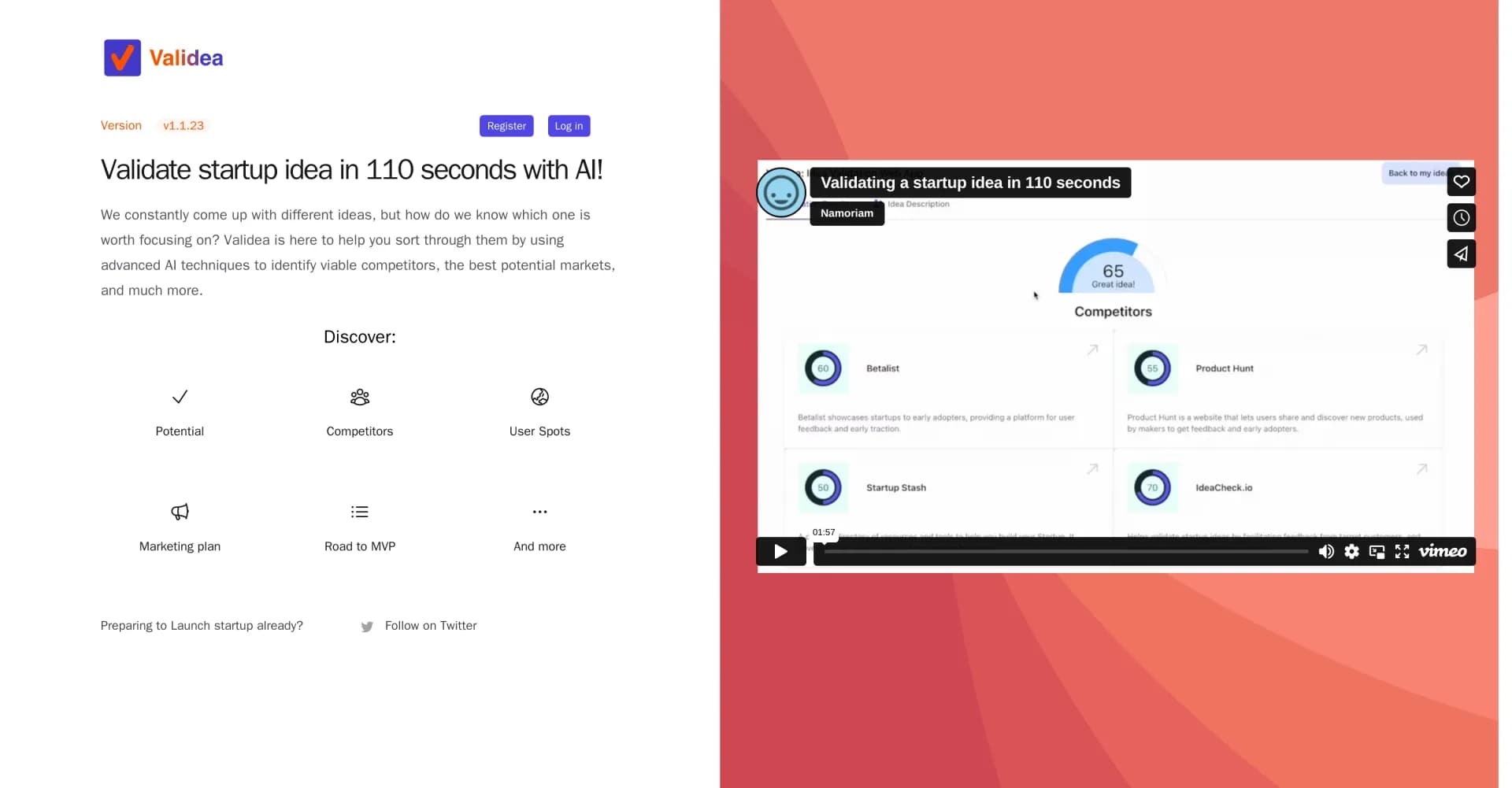 Validea homepage screenshot — Validate startup ideas with AI in seconds
