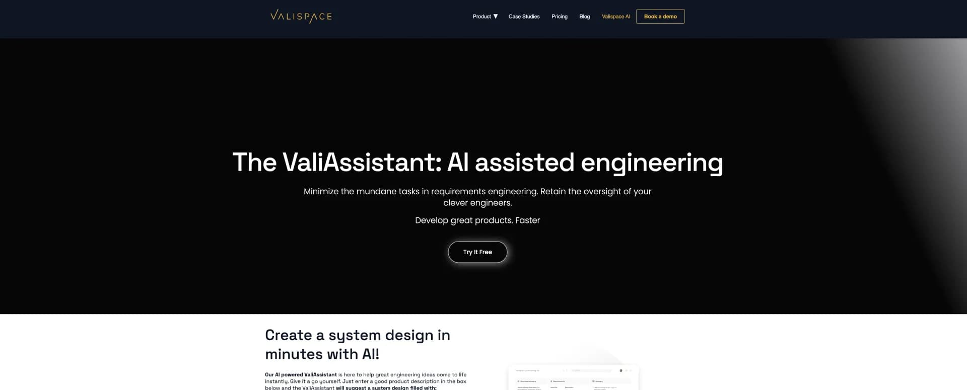 Valispace homepage screenshot — AI-assisted engineering to develop great products faster.