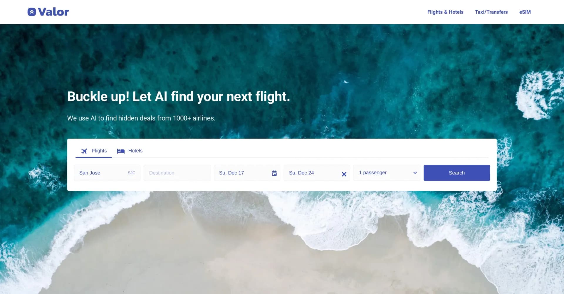 Valor Flights homepage screenshot — AI finds hidden flight deals across 1000+ airlines.