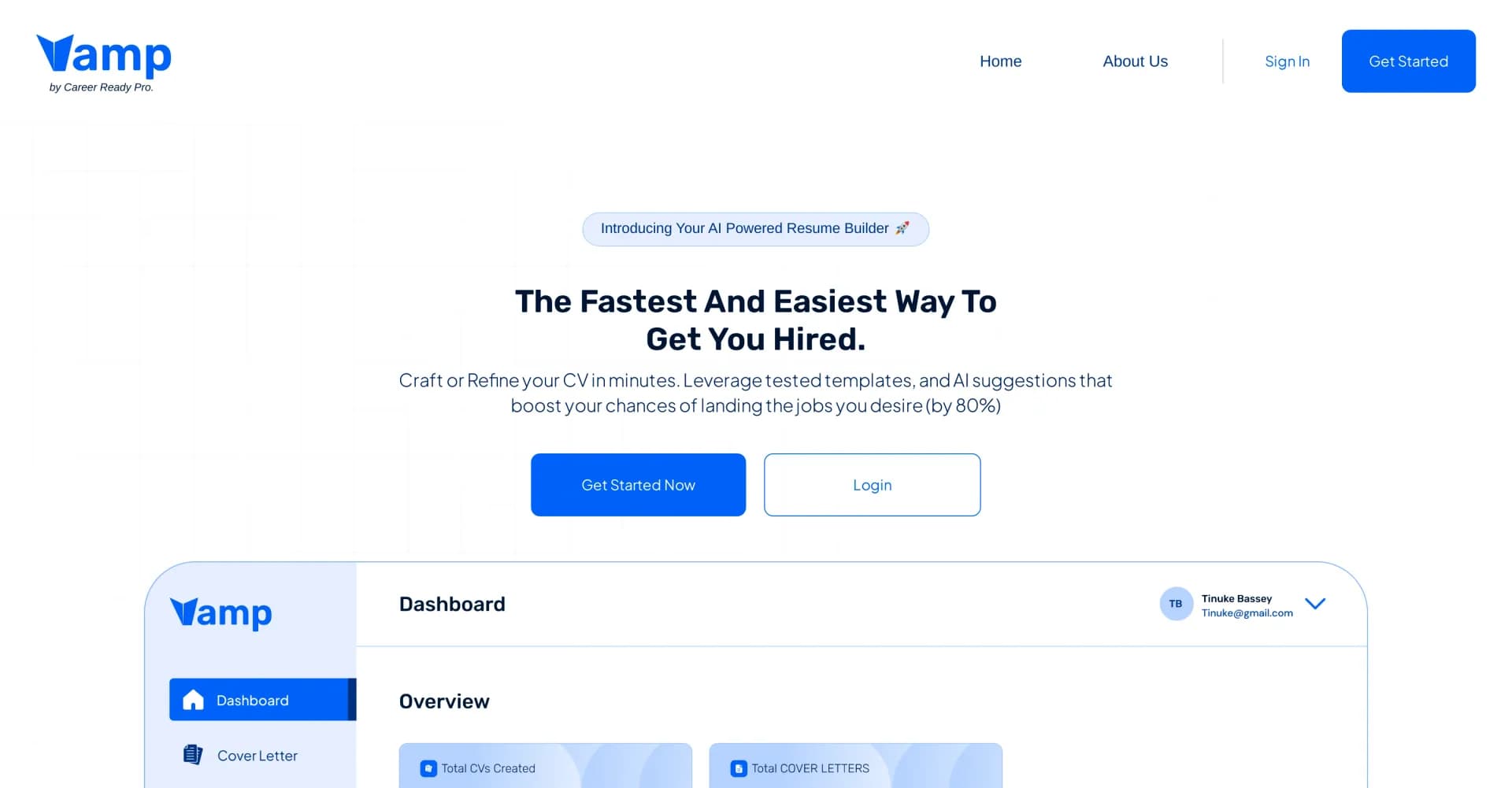 VampAI homepage screenshot — AI-powered resume builder for landing top jobs