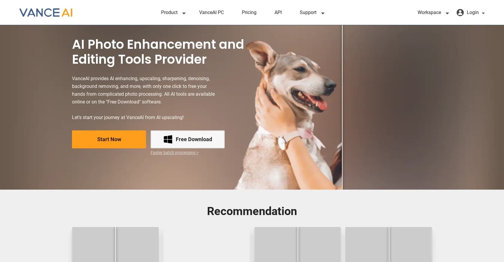 VanceAI homepage screenshot — One-click AI photo enhancement and editing tools.