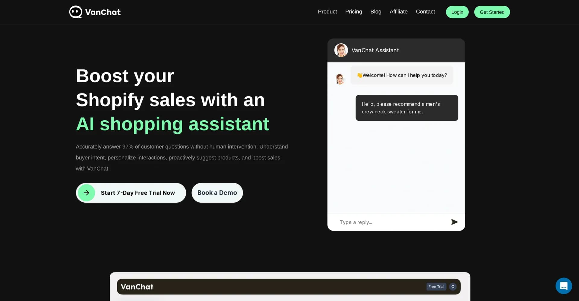 VanChat homepage screenshot — AI assistant answers 97% of customer questions instantly