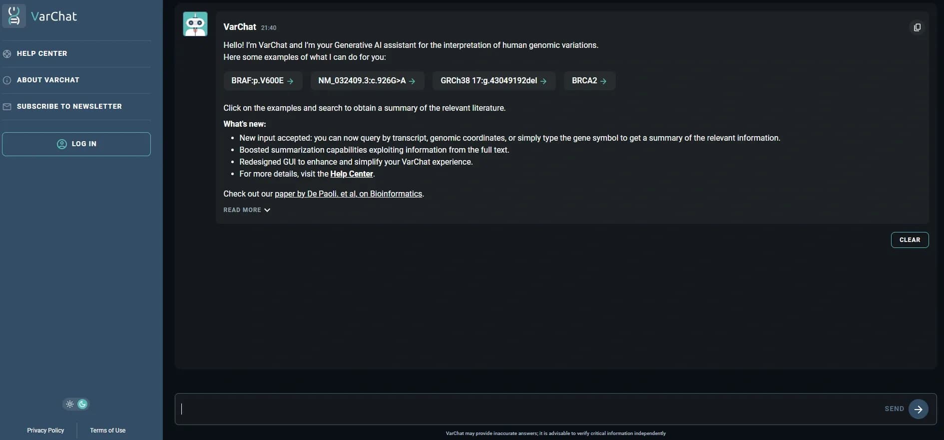 VarChat homepage screenshot — Interpret human genomic variation with AI