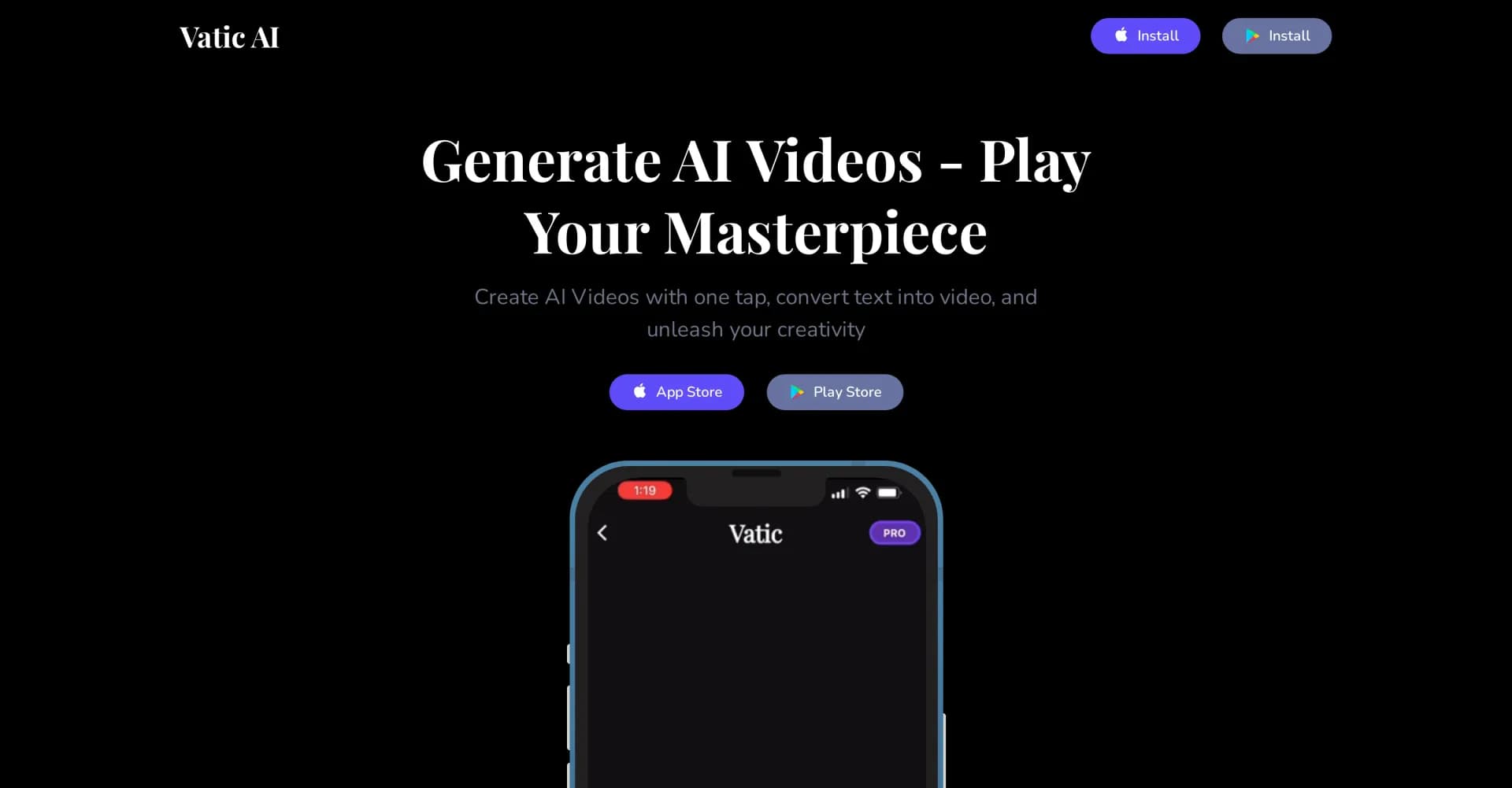 Vatic AI homepage screenshot — Turn words into AI videos in seconds.