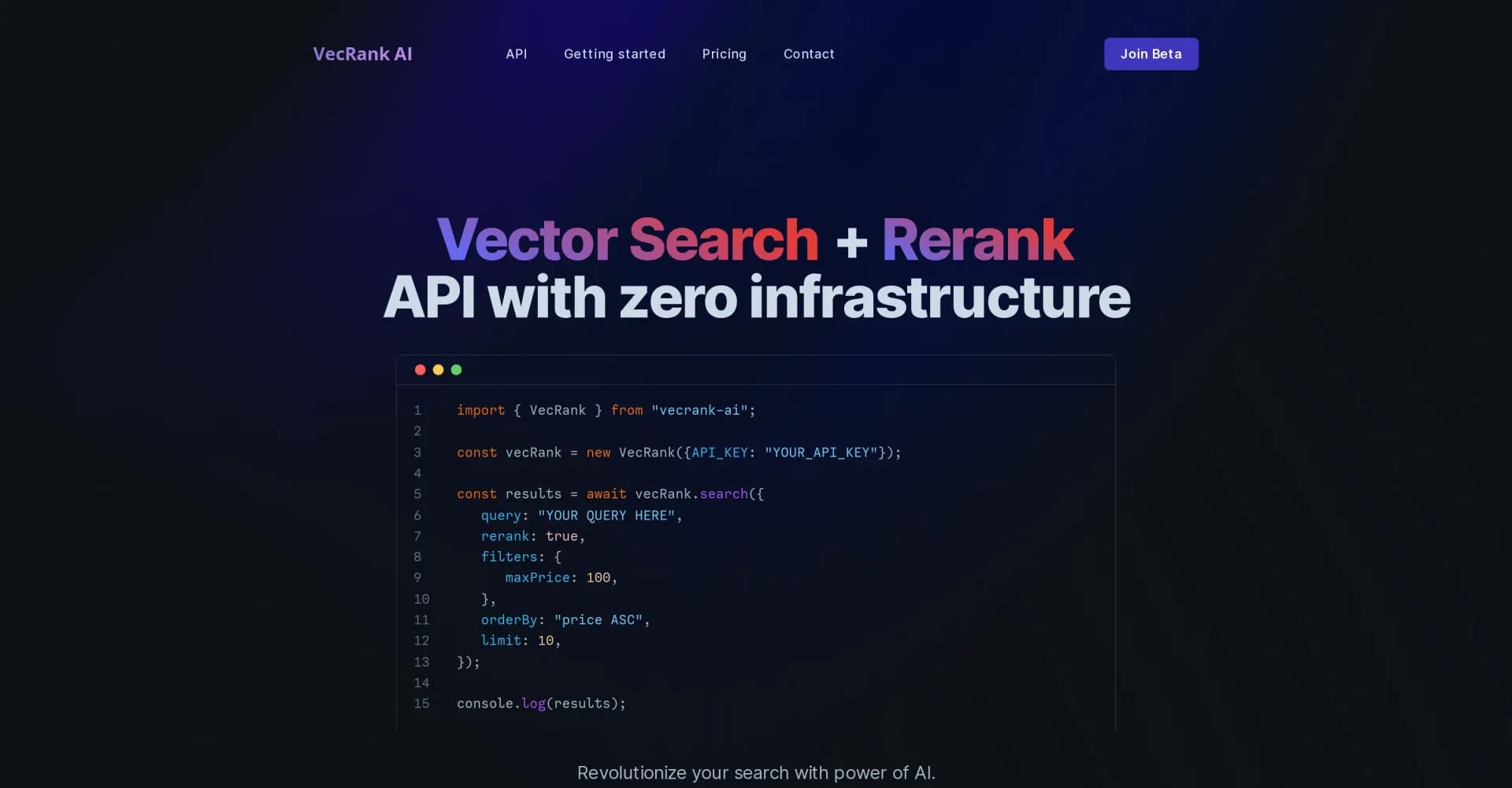 VecRank homepage screenshot — AI-powered vector search and reranking in minutes.