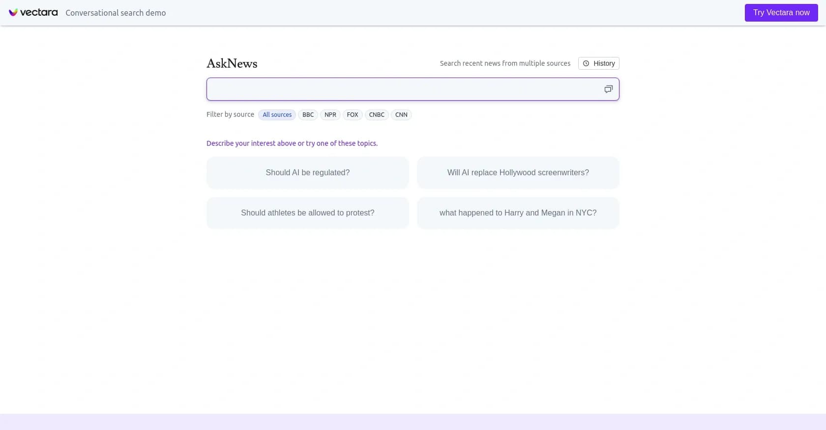 Vectara homepage screenshot — Conversational search for smarter data queries.