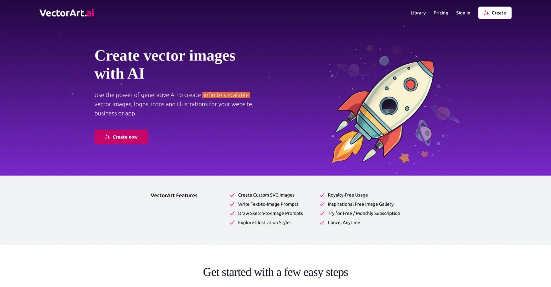 VectorArt homepage screenshot — Create infinite AI vector images with a prompt