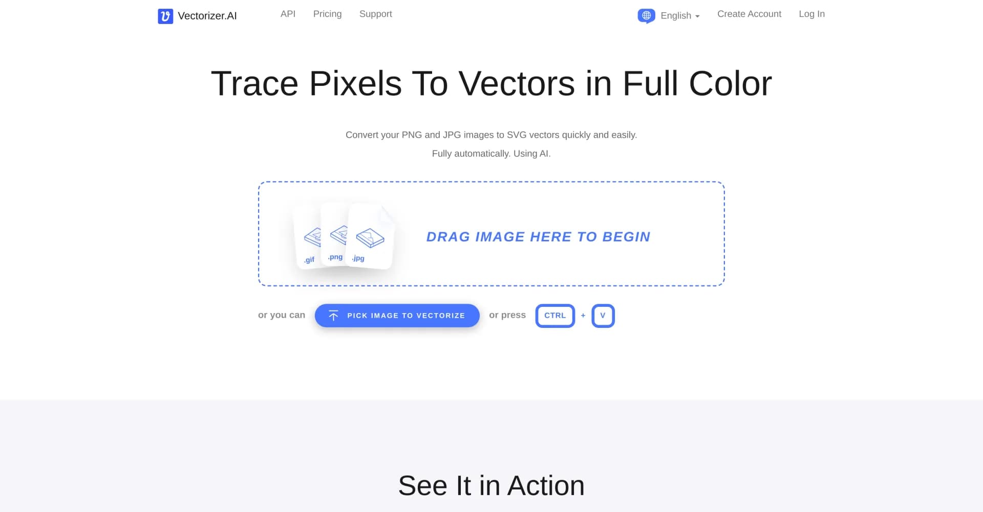 Vectorizer homepage screenshot — AI-powered pixel to vector conversion.