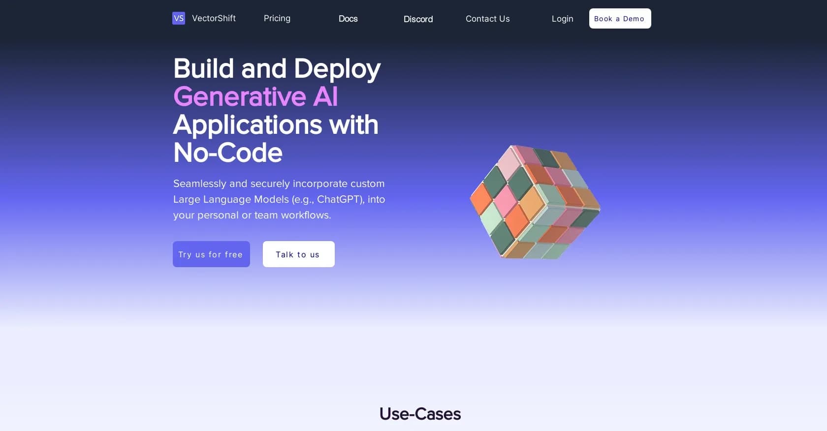 VectorShift homepage screenshot — Build AI workflows with no-code