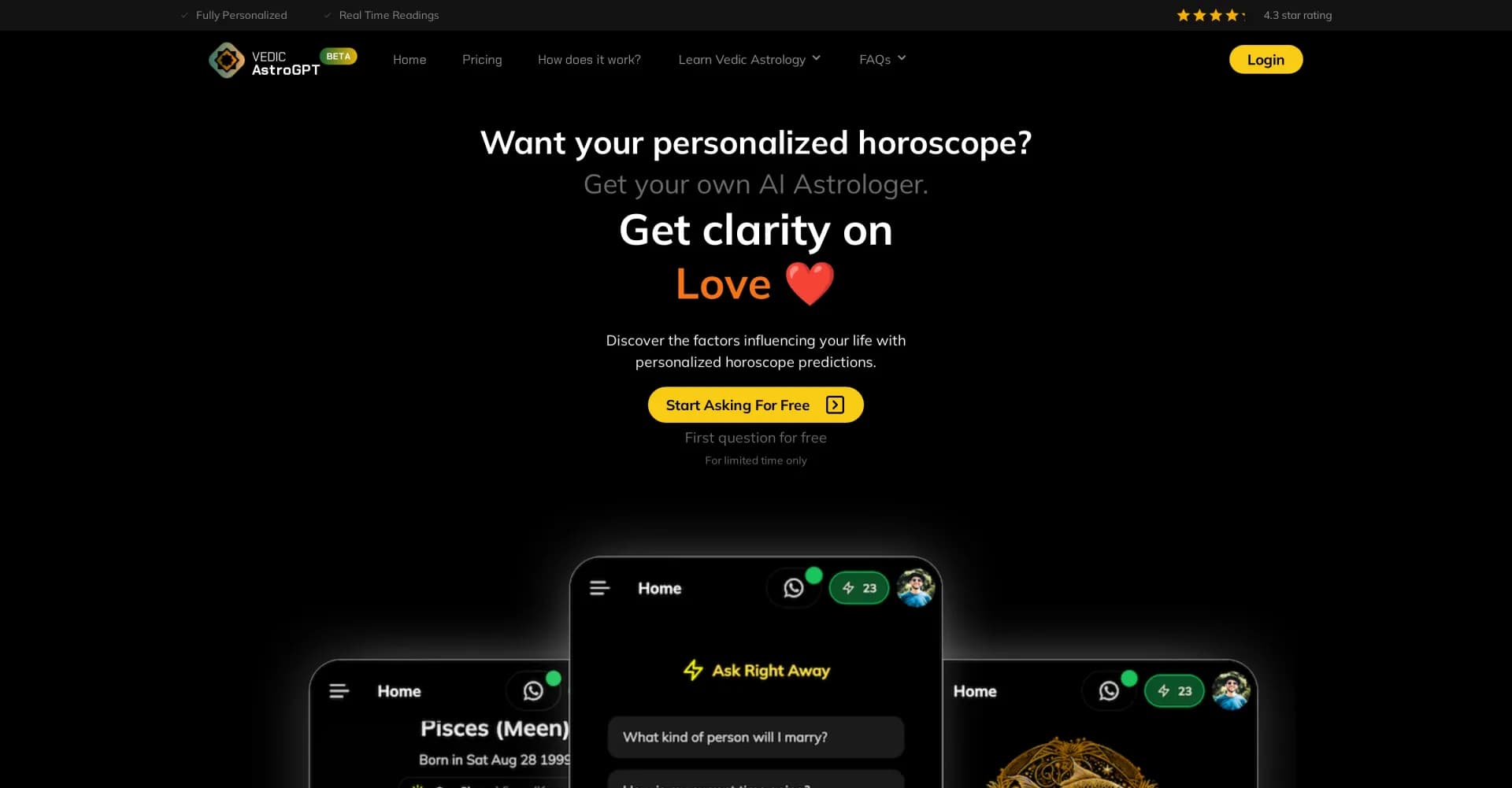 Vedic AstroGPT homepage screenshot — Your personal AI astrologer for real-time horoscopes