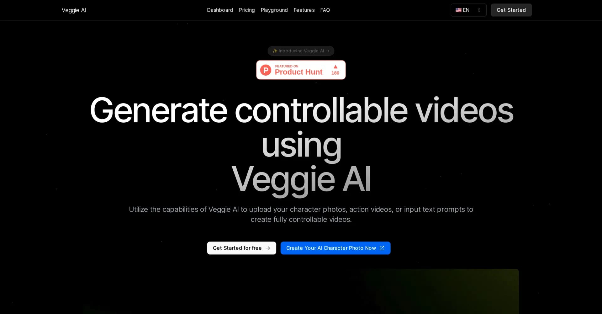 Veggie AI homepage screenshot — Generate controllable videos using AI