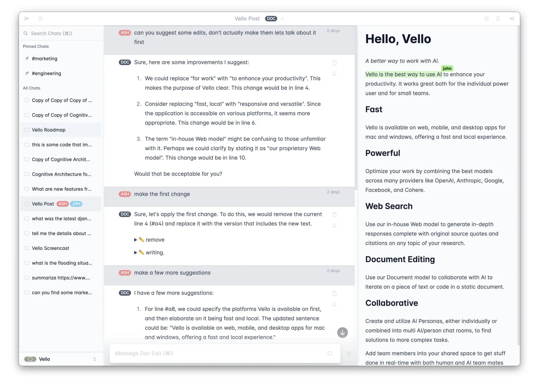 Vello homepage screenshot — The World's Best AI Suite for Power Users: Customizable, Sta
