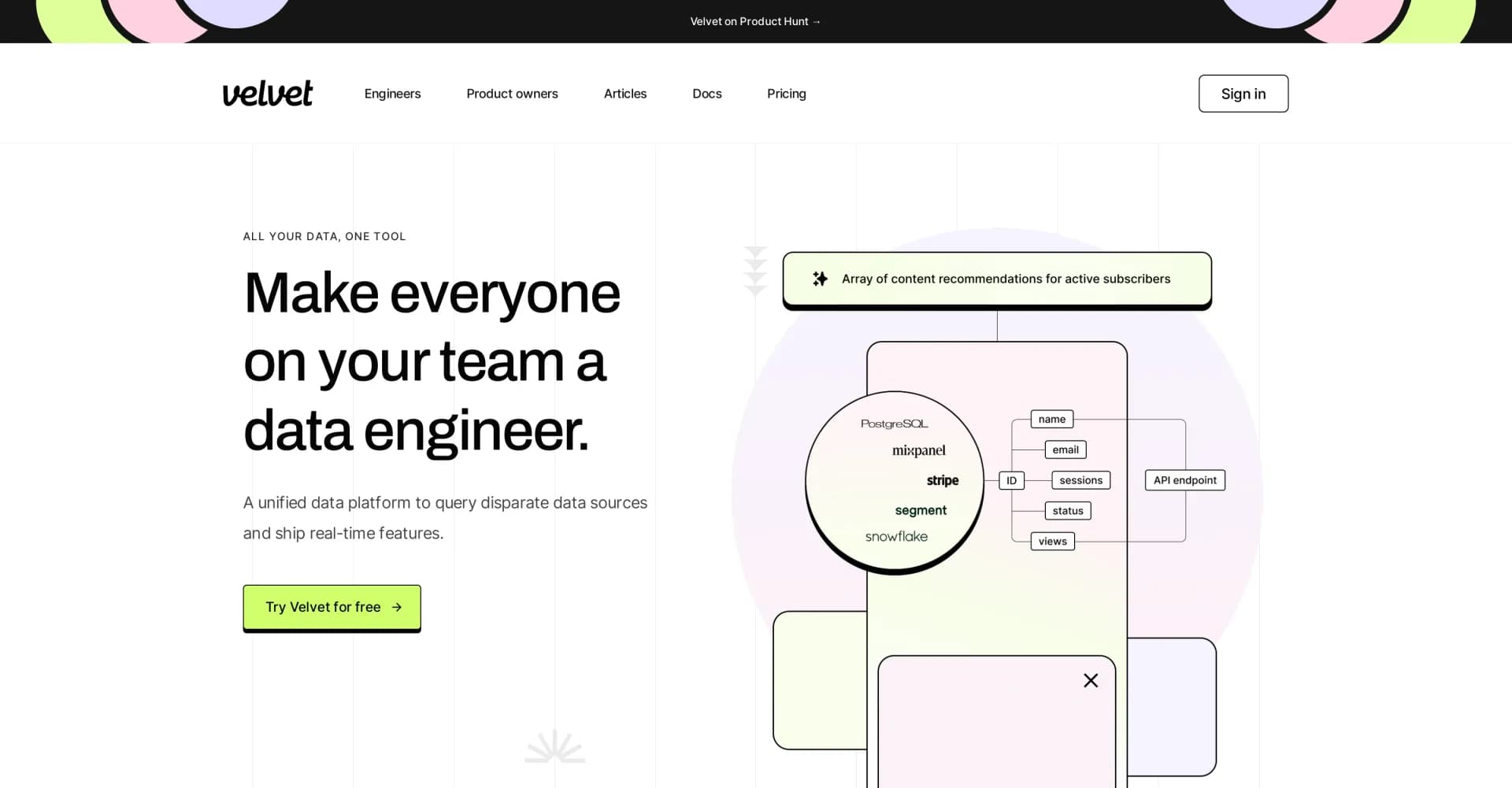 Velvet homepage screenshot — Make everyone on your team a data engineer.