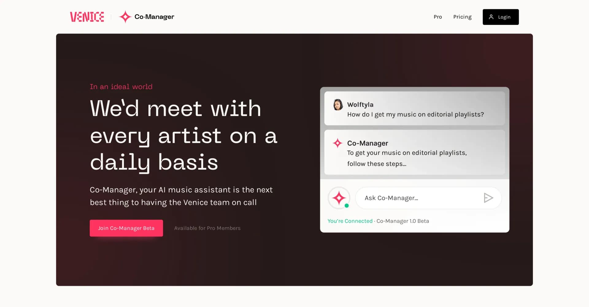 Venice Music homepage screenshot — AI music assistant for personalized career guidance