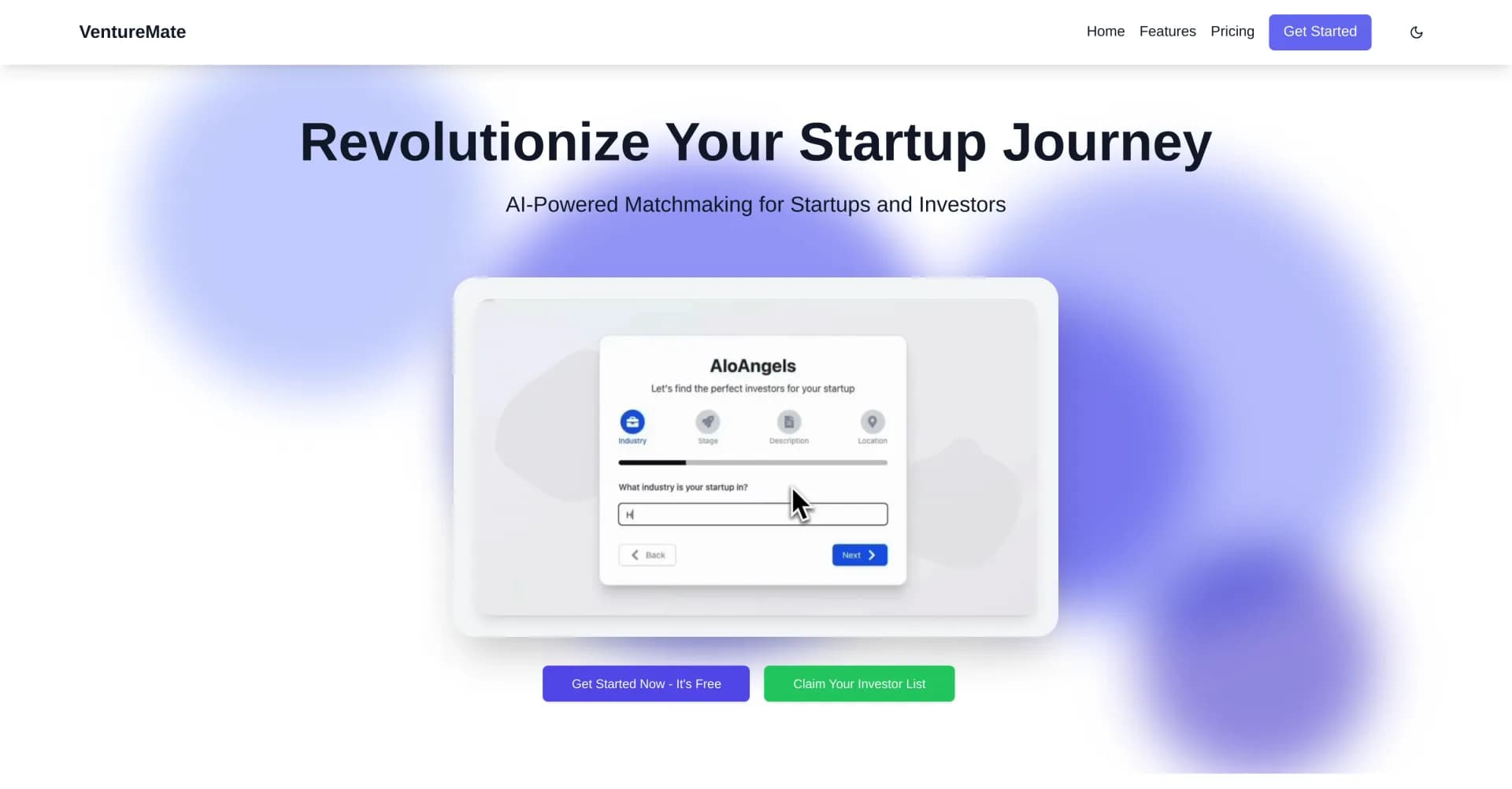 VentureMate homepage screenshot — AI-powered matchmaking for startups and investors