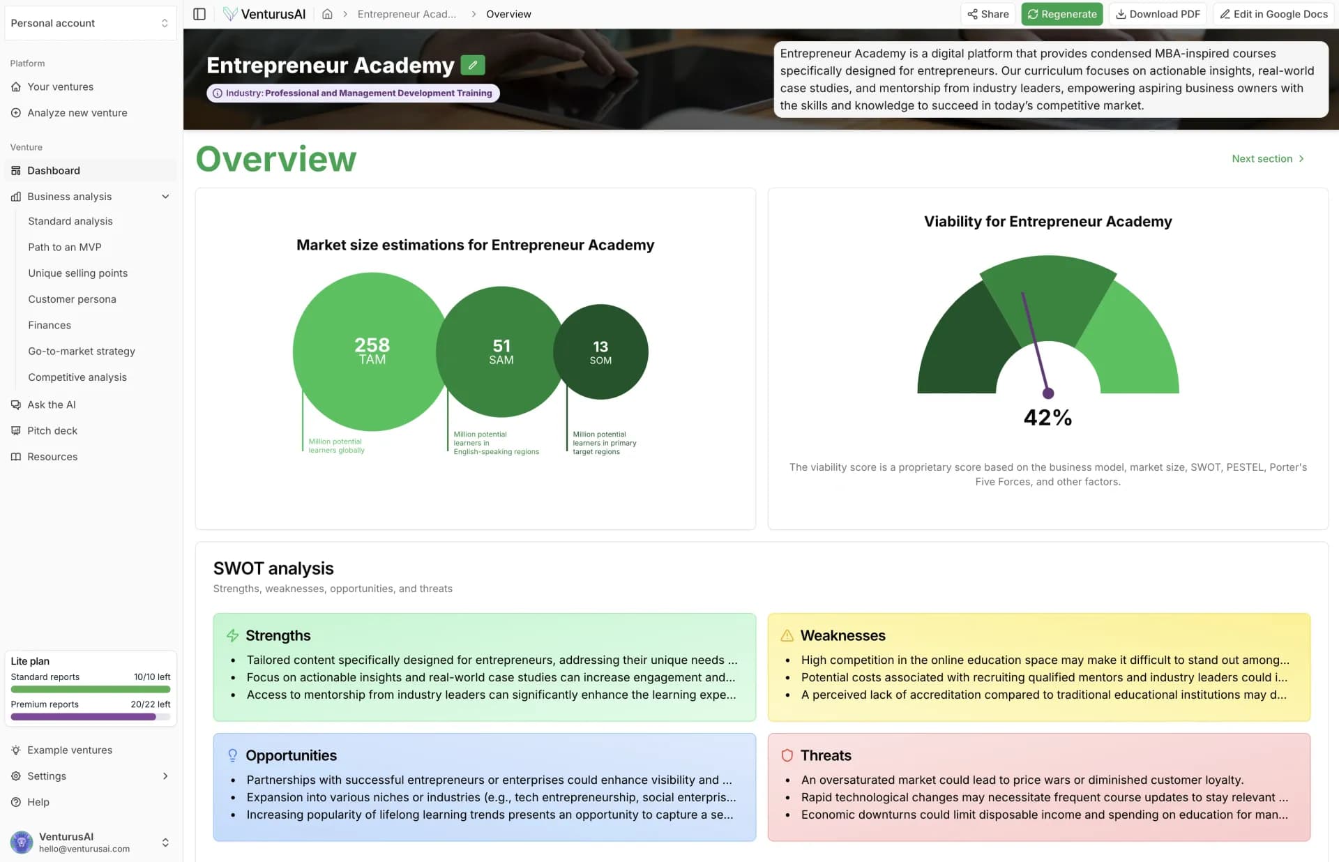 VenturusAIv2.0 homepage screenshot — Business idea analysis and reporting.