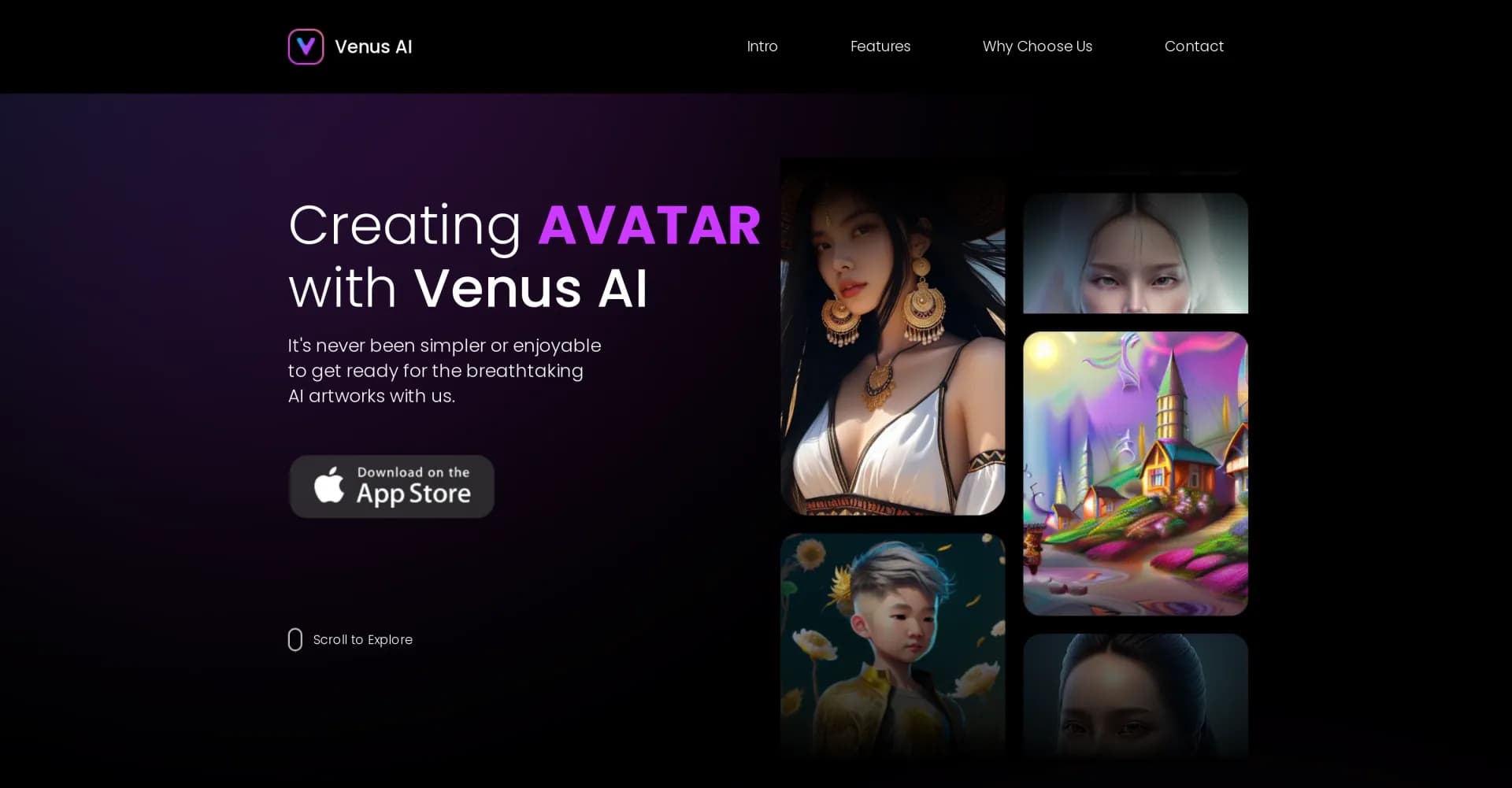 Venus AI homepage screenshot — Create stunning AI avatars effortlessly.