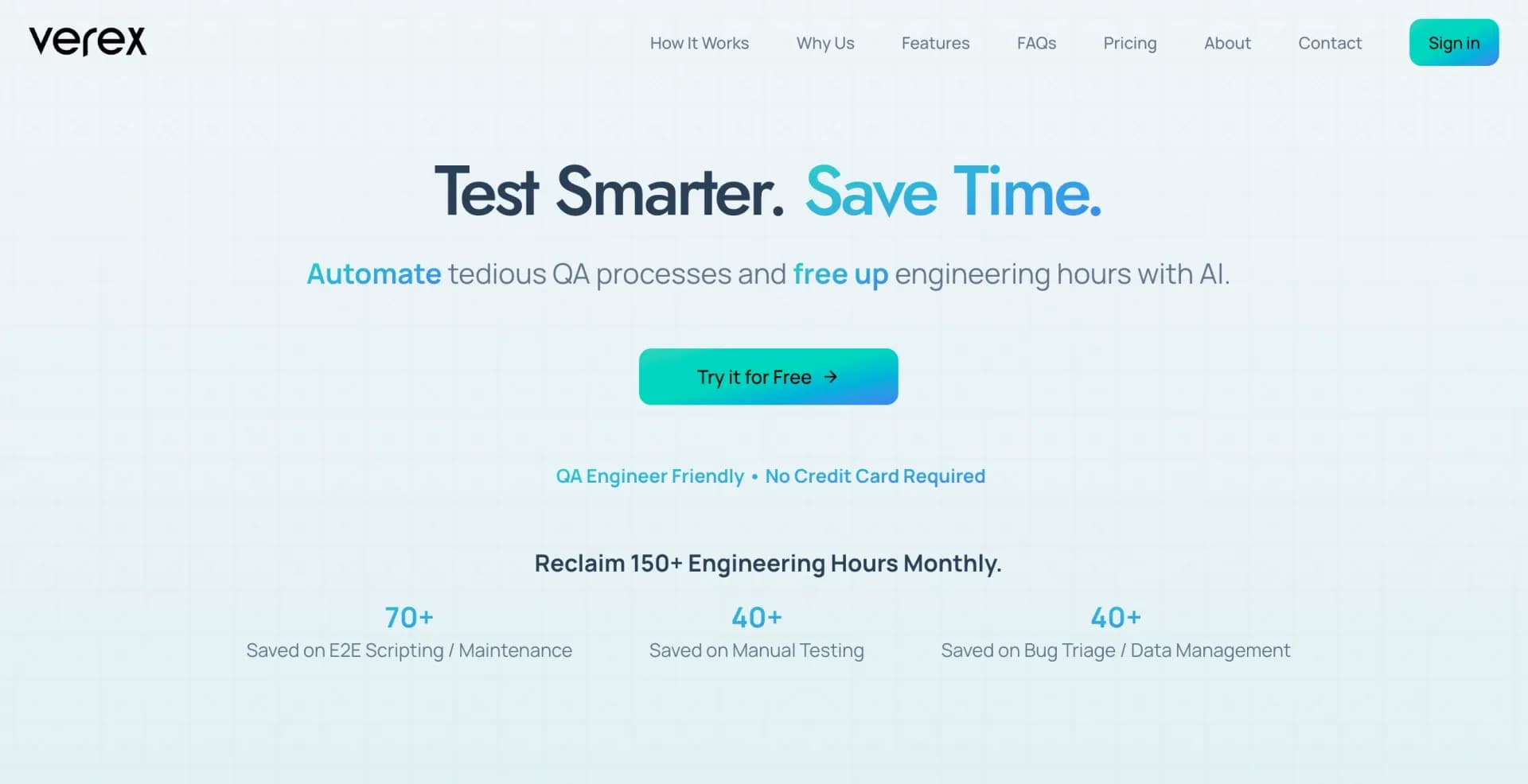 Verex homepage screenshot — AI-powered QA automation to save Engineering hours
