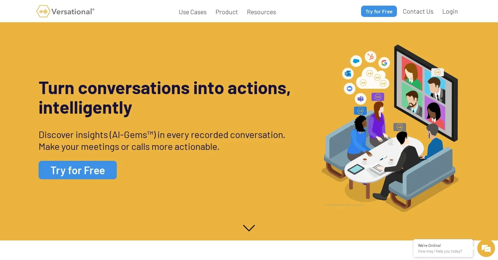 Versational homepage screenshot — Turn conversations into actionable insights in minutes.