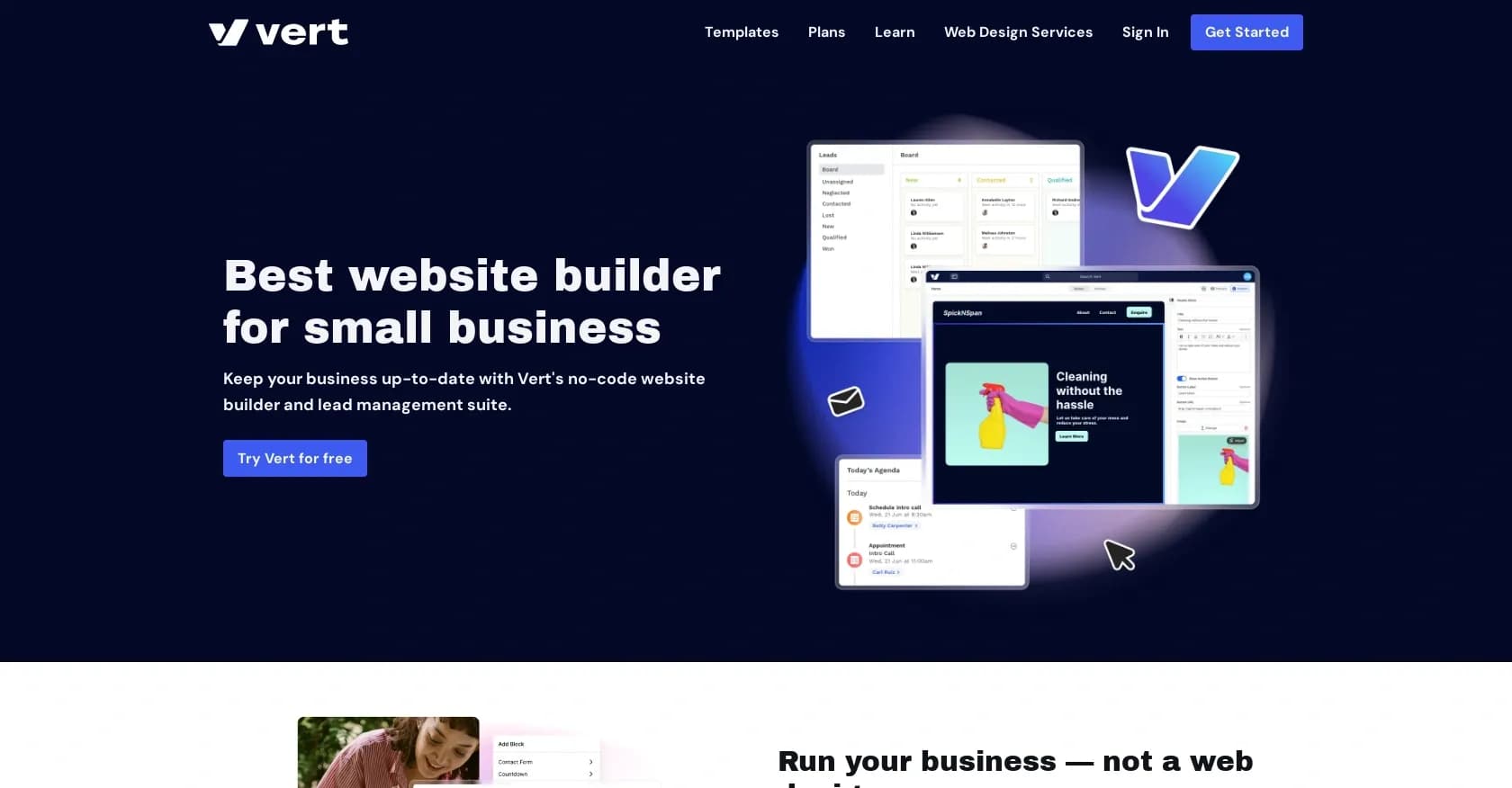 Vert Works homepage screenshot — Build stunning websites without coding.