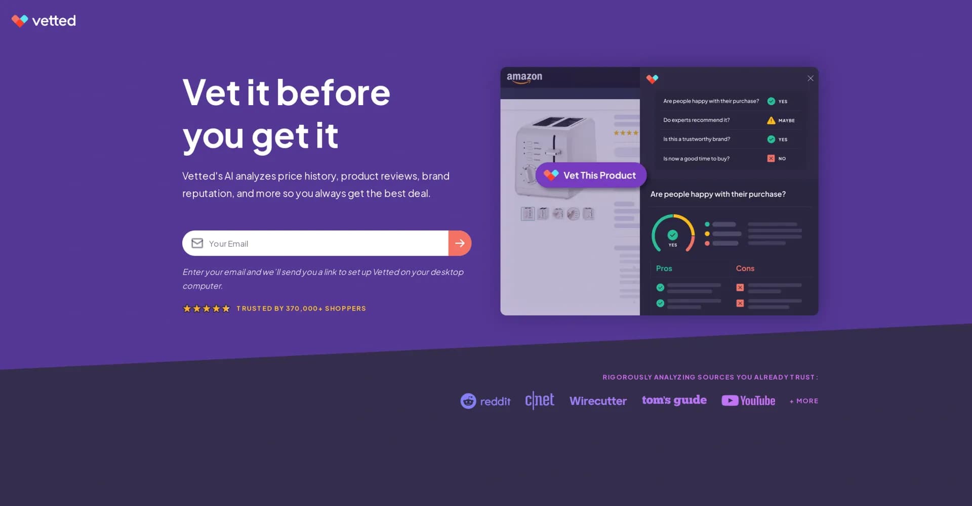 VettedAI homepage screenshot — AI-powered shopping advisor for best products and deals.