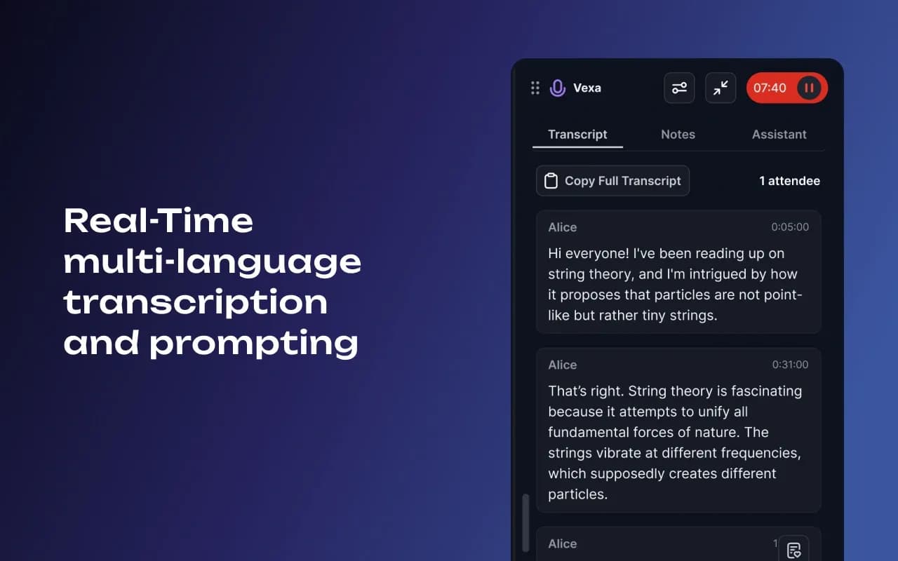 Vexa homepage screenshot — Real-time AI assistant for flawless business meetings.