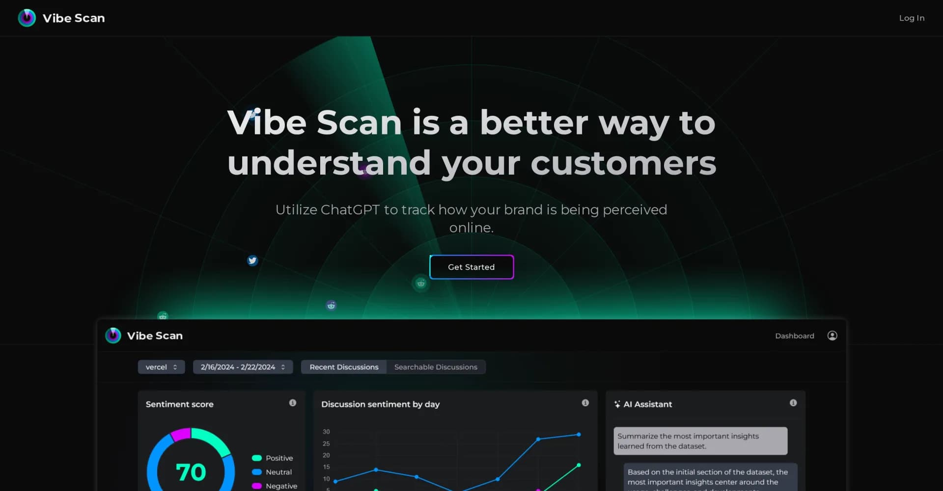 Vibe Scan homepage screenshot — AI-powered sentiment analysis for brand reputation.