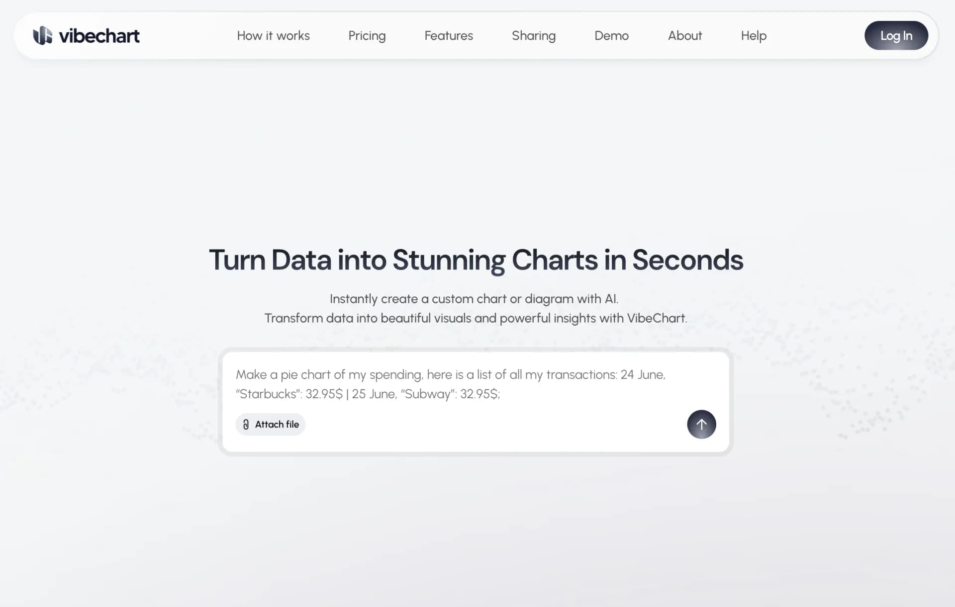VibeChart homepage screenshot — Turn Data into Stunning Charts in Seconds