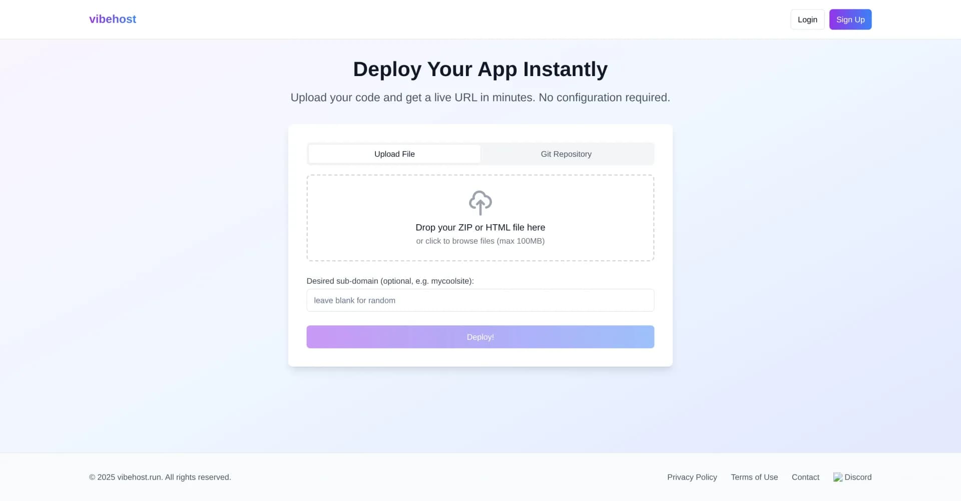 VibeHost homepage screenshot — Deploy apps instantly with zero configuration.