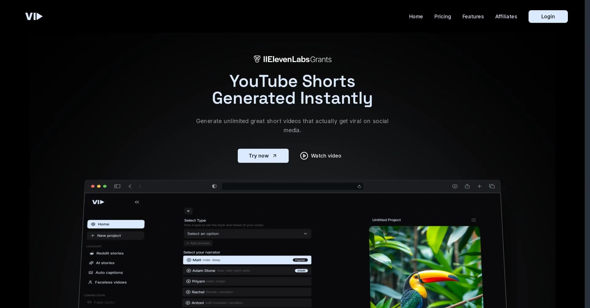 Vid AI homepage screenshot — Instantly create viral-ready short videos with AI-driven sim