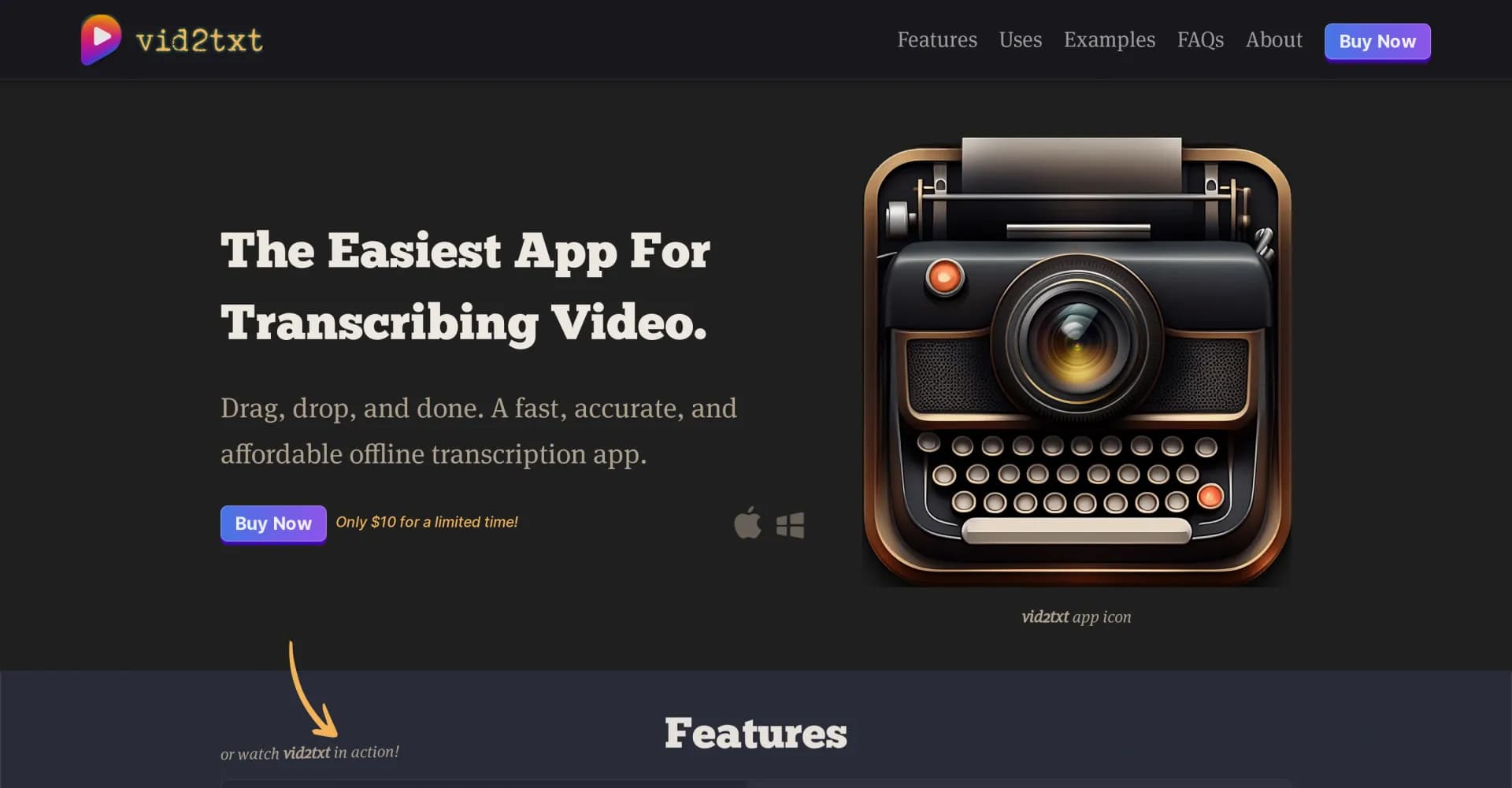 Vid2txt homepage screenshot — Drag, drop, done: Effortless video transcription.