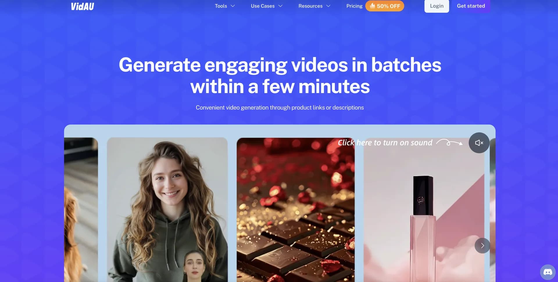 VidAU homepage screenshot — Creating high-quality videos with AI enhancement features.
